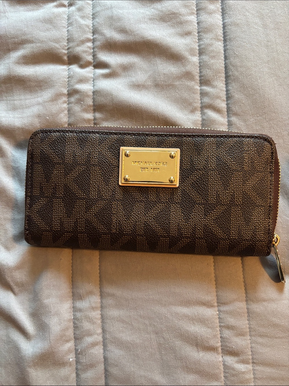 Michael Kors Brown MK Logo Zip-Around Wallet with Gold Plaque